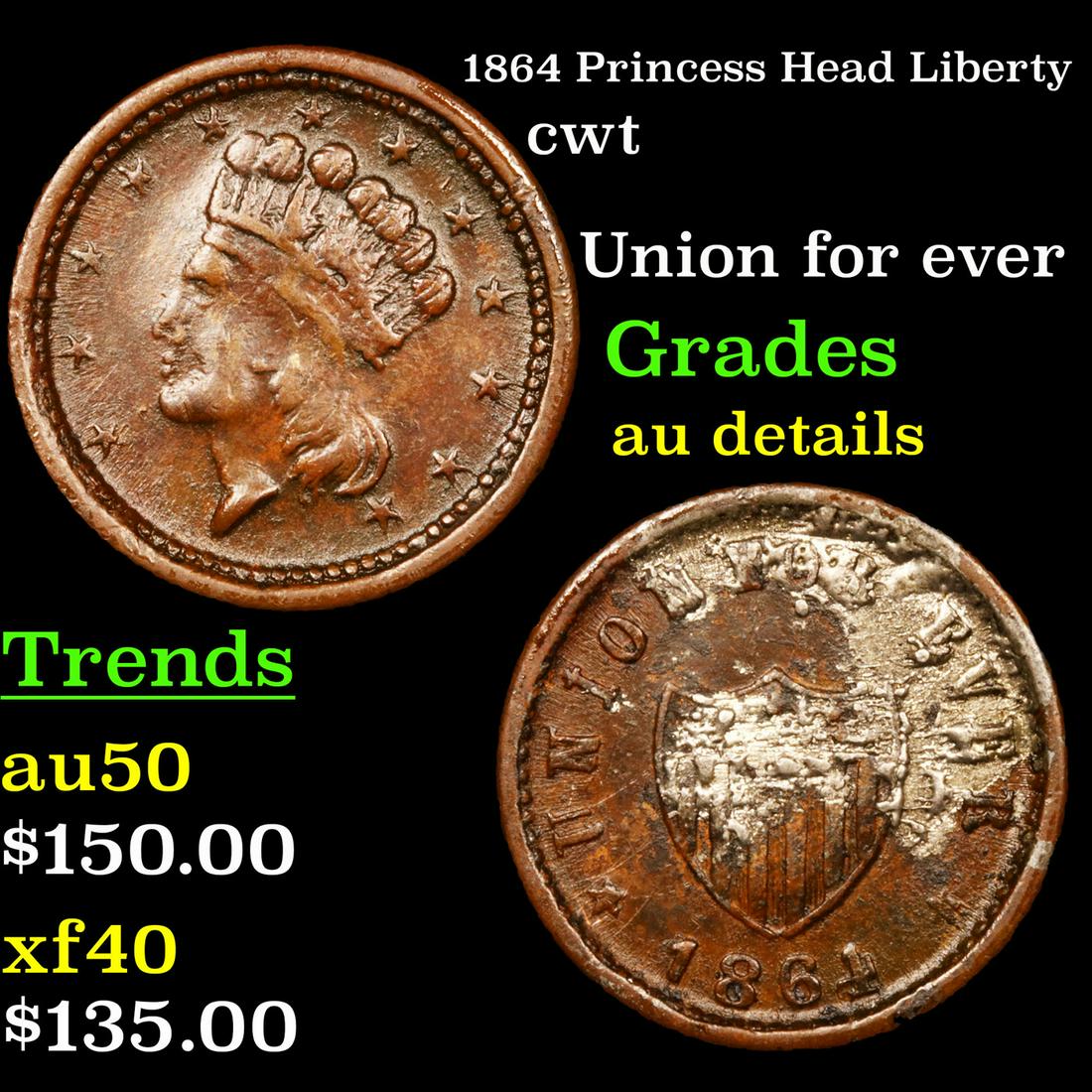 1864 Princess Head Liberty cwt Grades AU Details (1 of 3)