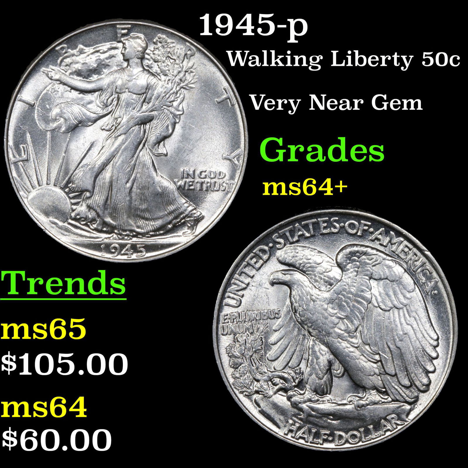1945-p Walking Liberty 50c Grades Choice+ Unc (1 of 3)