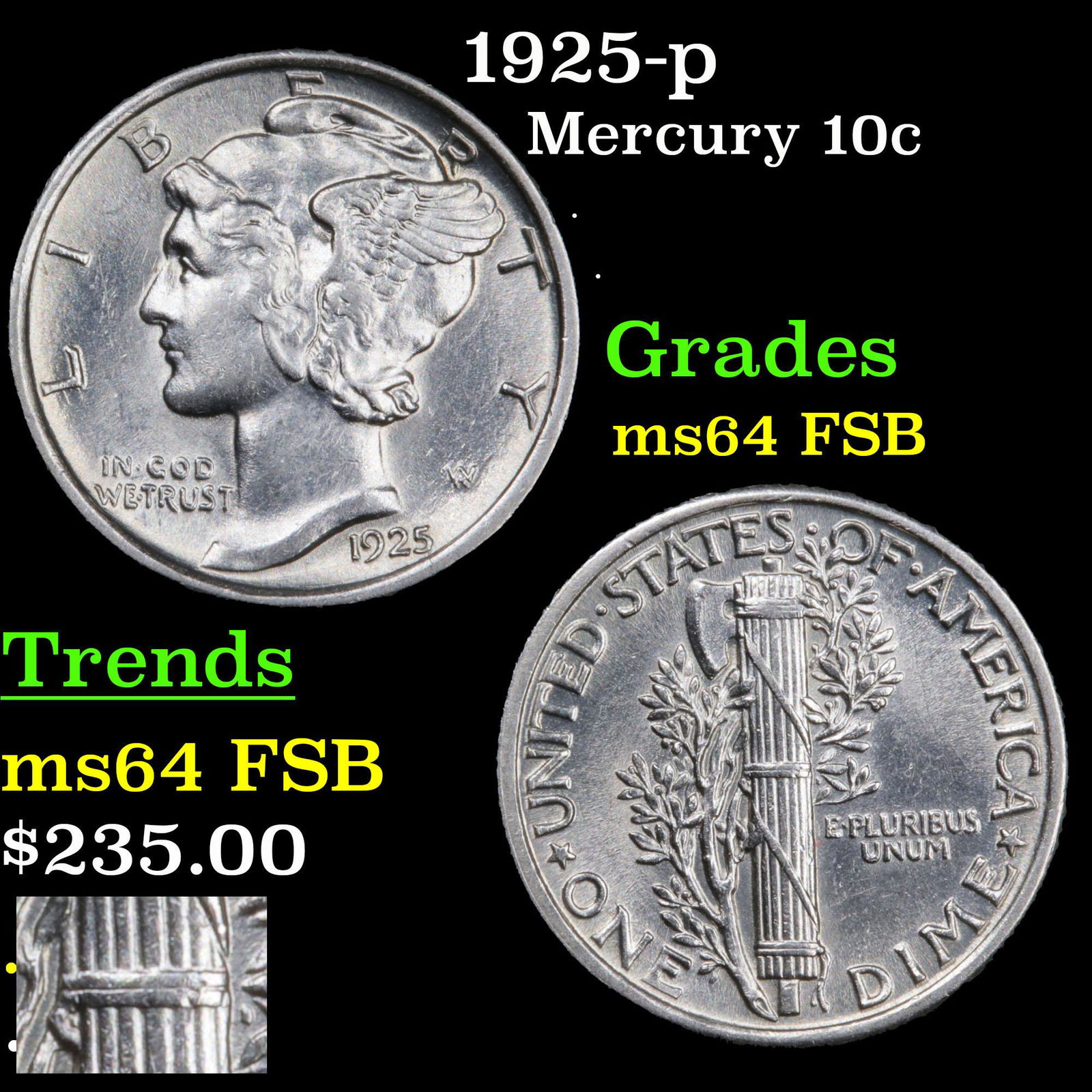 1925-p Mercury 10c Grades Choice Unc FSB (1 of 5)