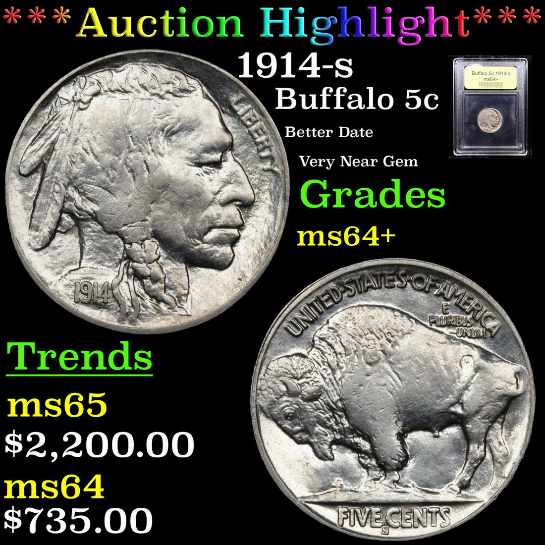 *Highlight* 1914-s Buffalo 5c Graded Choice+ Unc (1 of 5)