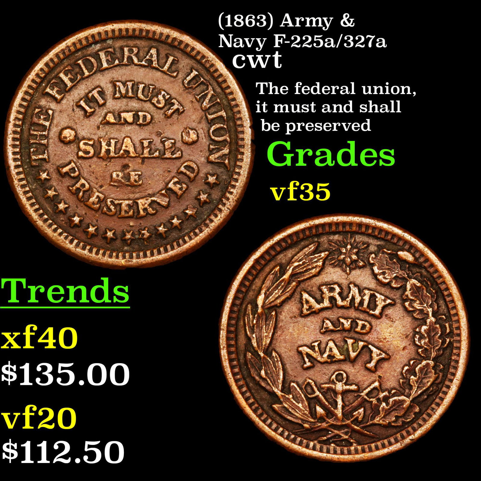 (1863) Army & Navy F-225a/327a cwt Grades vf++: (1863) Army & Navy F-225a/327a Civil War Token 1c Grades vf++.