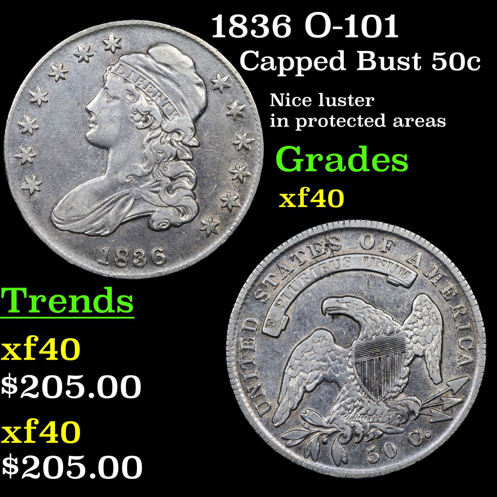 1836 O-101 Capped Bust 50c Grades xf (1 of 3)