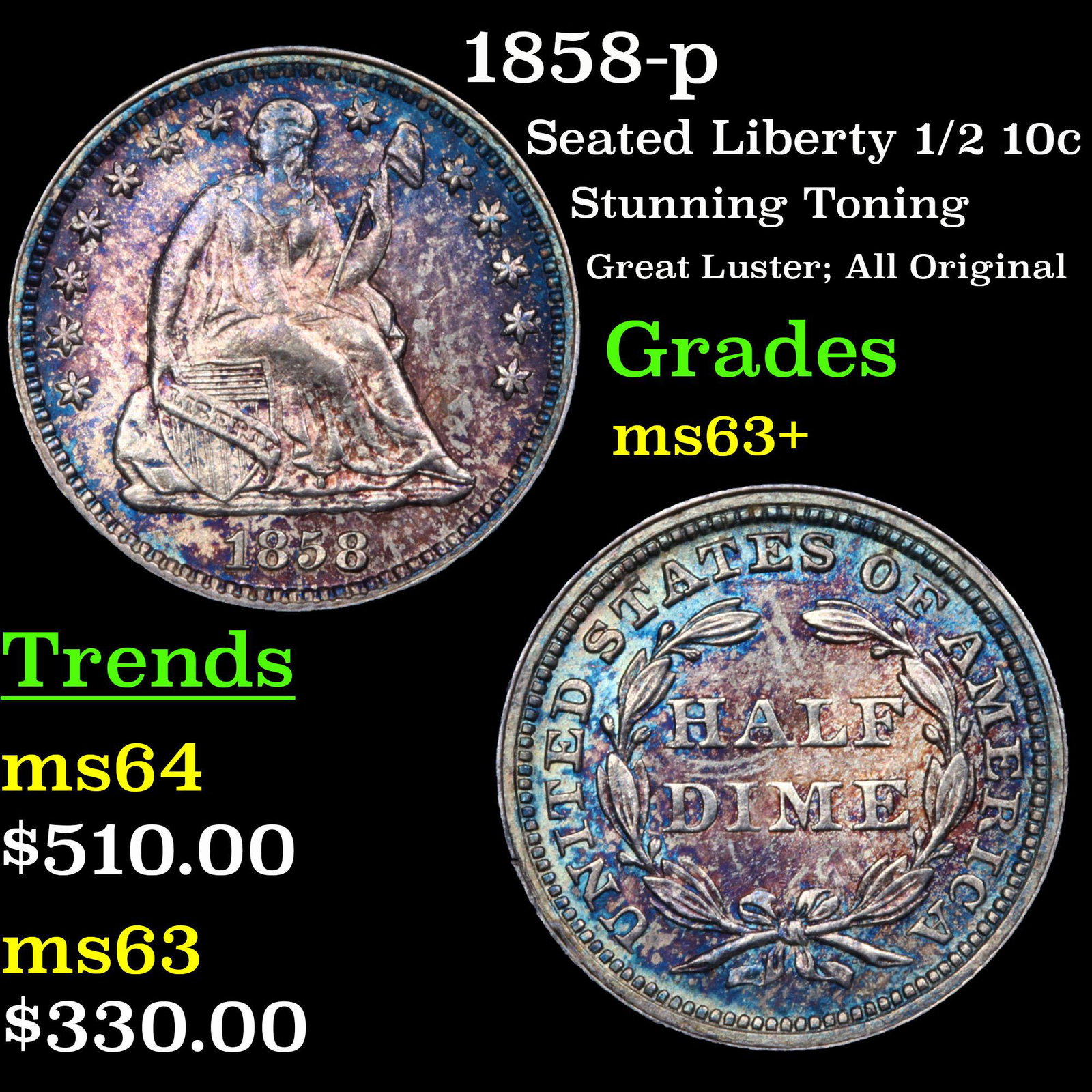 1858-p Seated Liberty 1/2 10c Grades Select+ Unc (1 of 3)