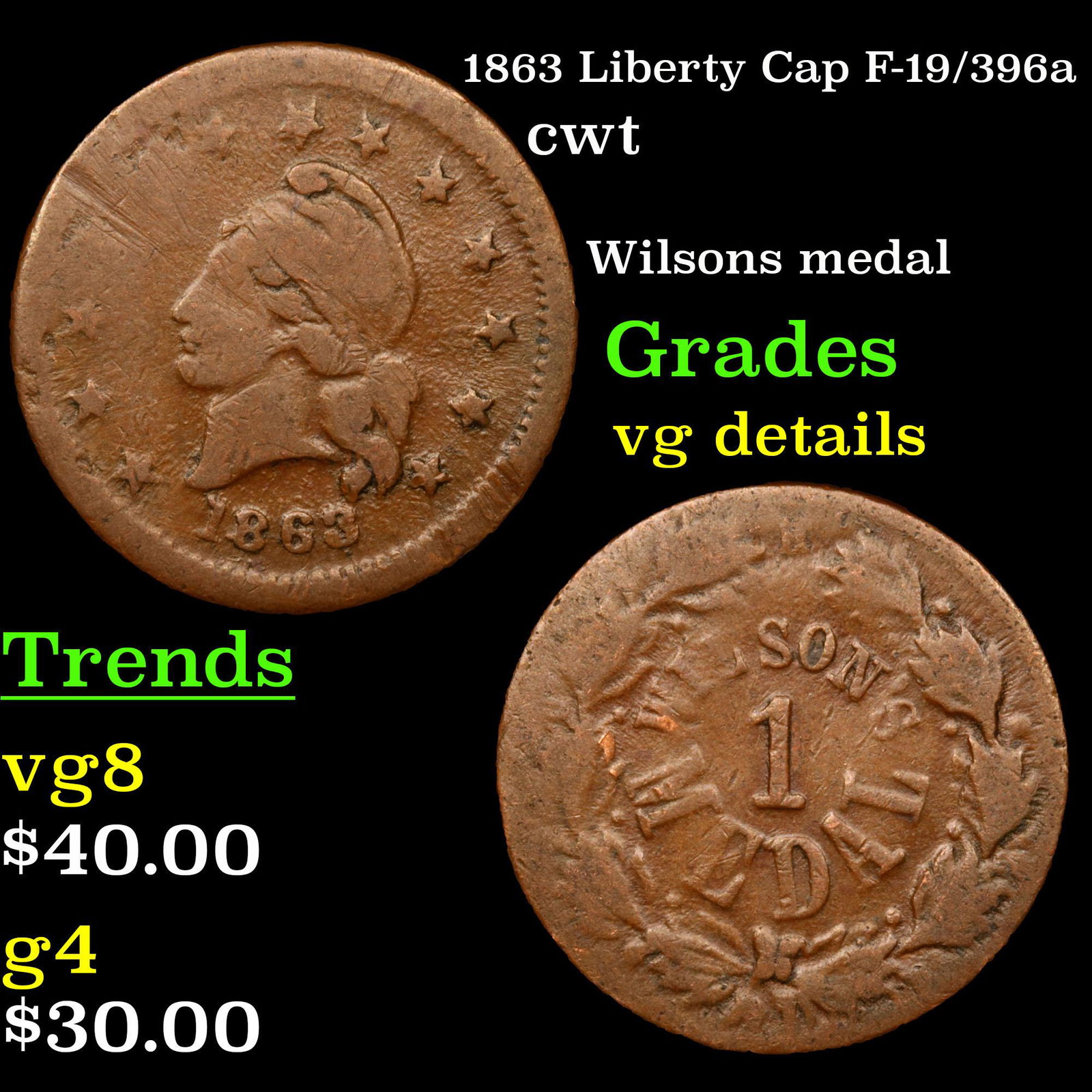 1863 Liberty Cap F-19/396a cwt Grades vg details (1 of 3)