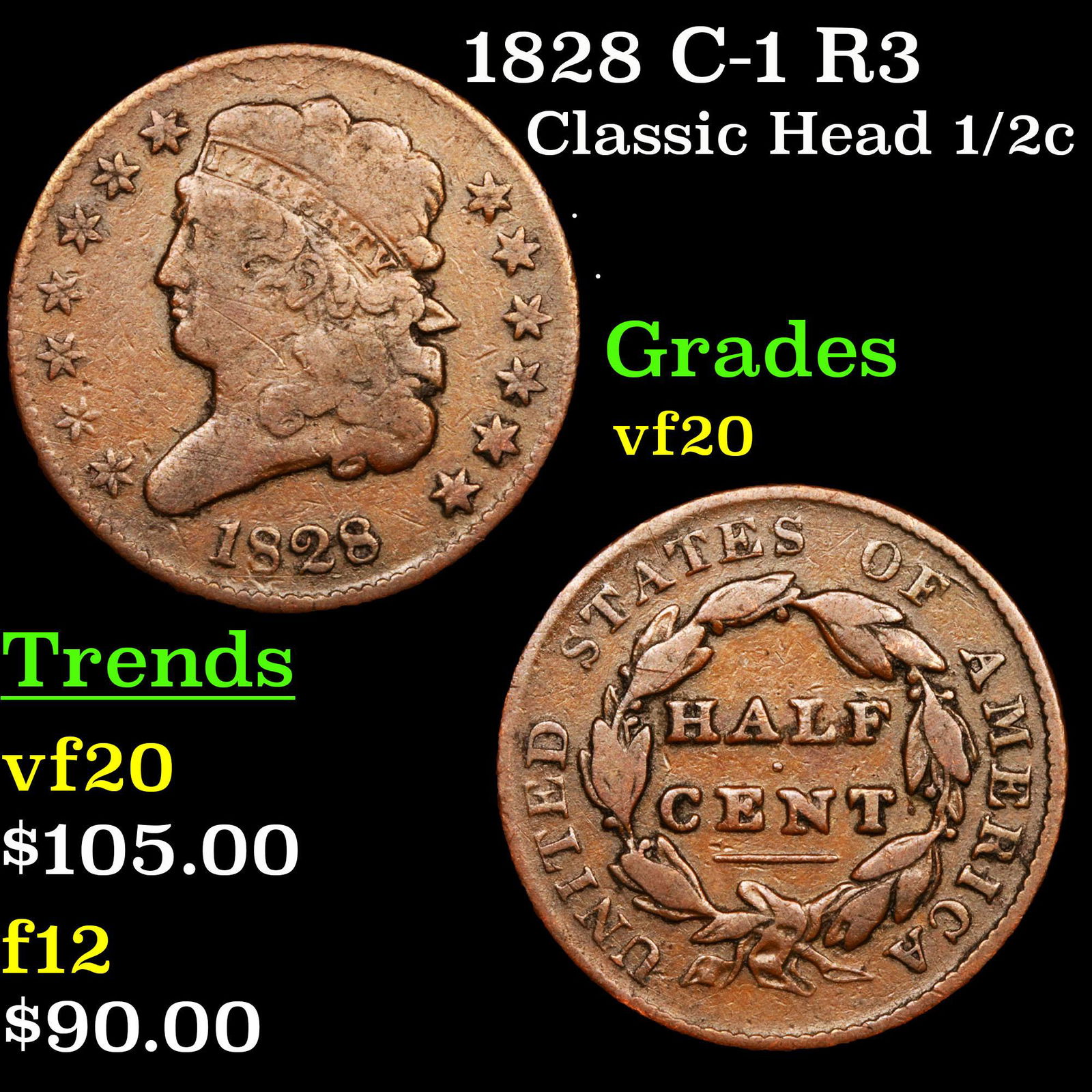 1828 C-1 R3 Classic Head 1/2c Grades vf, very fine (1 of 3)