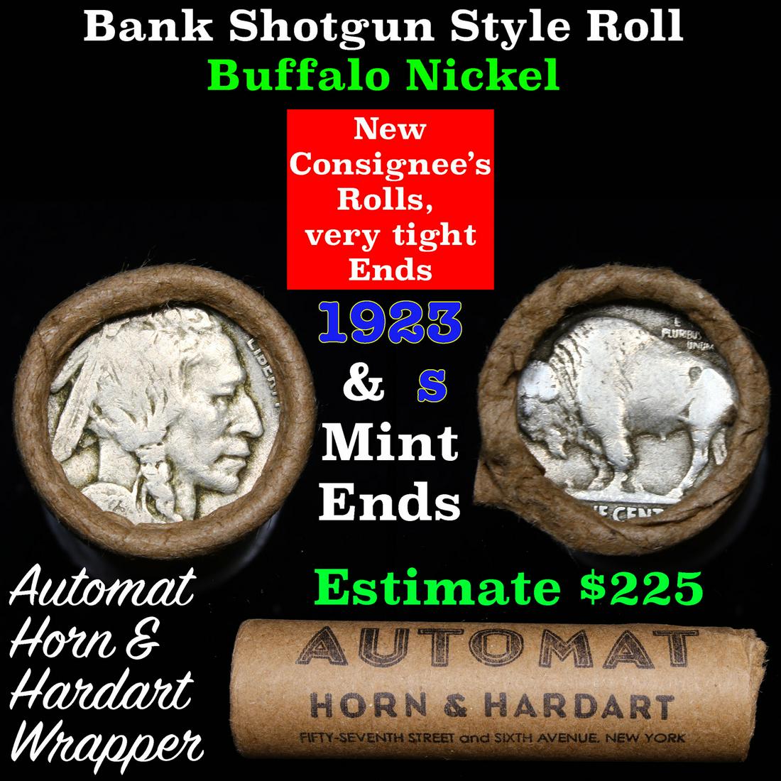 Buffalo Nickel Shotgun Roll in Old Bank Style: Buffalo Nickel Shotgun Roll in Old Bank Style 'Automat Horn & Hardart' Wrapper 1923 & s Mint Ends. The roll is held in an old, rare 'Automat Horn & Hardart' Bank style wrapper. They are all frrom one