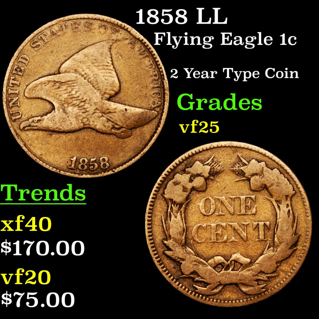 1858 LL Flying Eagle 1c Grades vf+ (1 of 3)