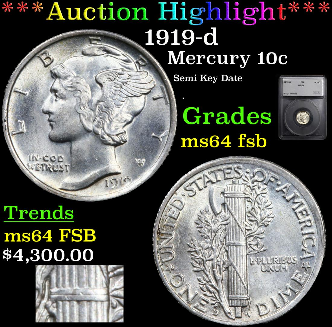 *Highlight* 1919-d Mercury 10c Graded ms64 fsb (1 of 6)
