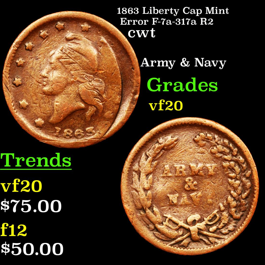 1863 Liberty Cap Mint Error F-7a-317a R2 cwt Grades vf, (1 of 3)