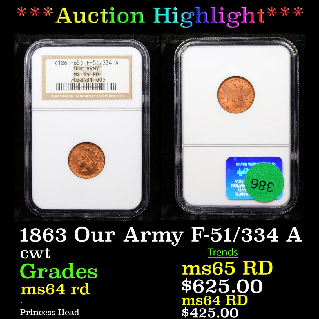 *Highlight* 1863 Our Army F-51/334 A cwt Graded ms64 rd (1 of 3)