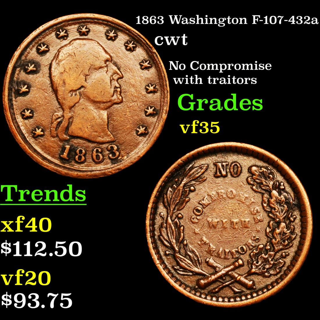 1863 Washington F-107-432a cwt Grades vf++ (1 of 3)