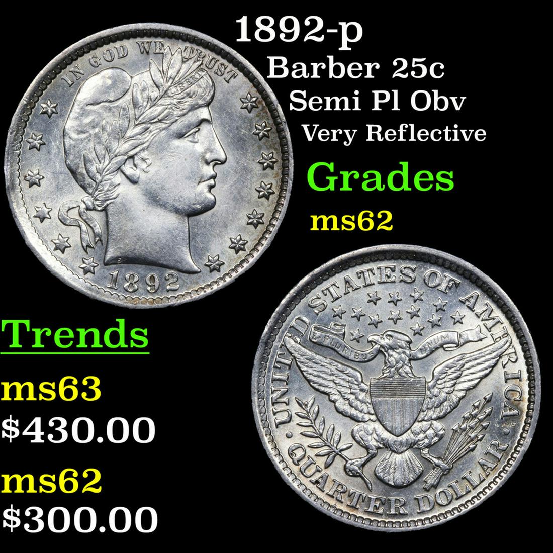 1892-p Barber Quarter 25c Grades Select Unc (1 of 3)