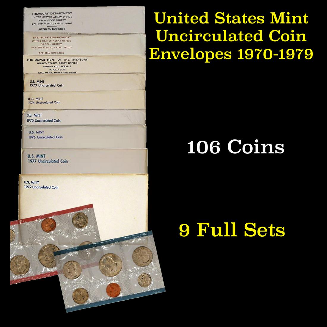 Group of 9 United States Proof Sets 1970-1979 106 coins (1 of 10)