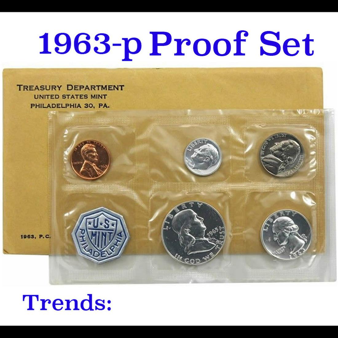 1963 Proof Set in Original mint packaging: 1963 Proof Set in Original mint packaging . This set, has a 90% Proof Silver Franklin Half Dollar, a 90% Proof Silver Quarter, a 90% proof Silver Dime, plus proof nickel and proof penny. All in the Or