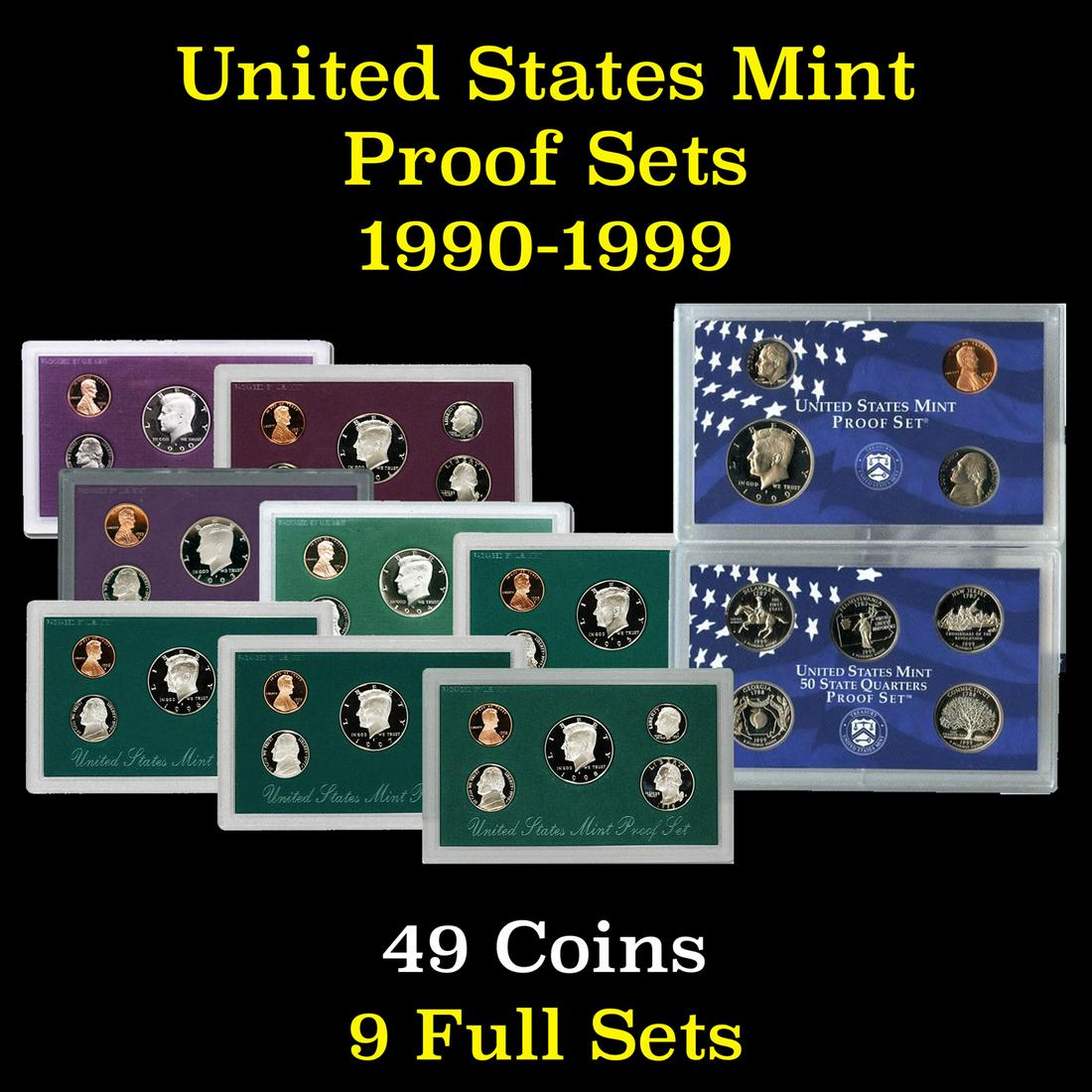 Group of 9 United States Proof Sets 1990-1999 49 coins (1 of 10)