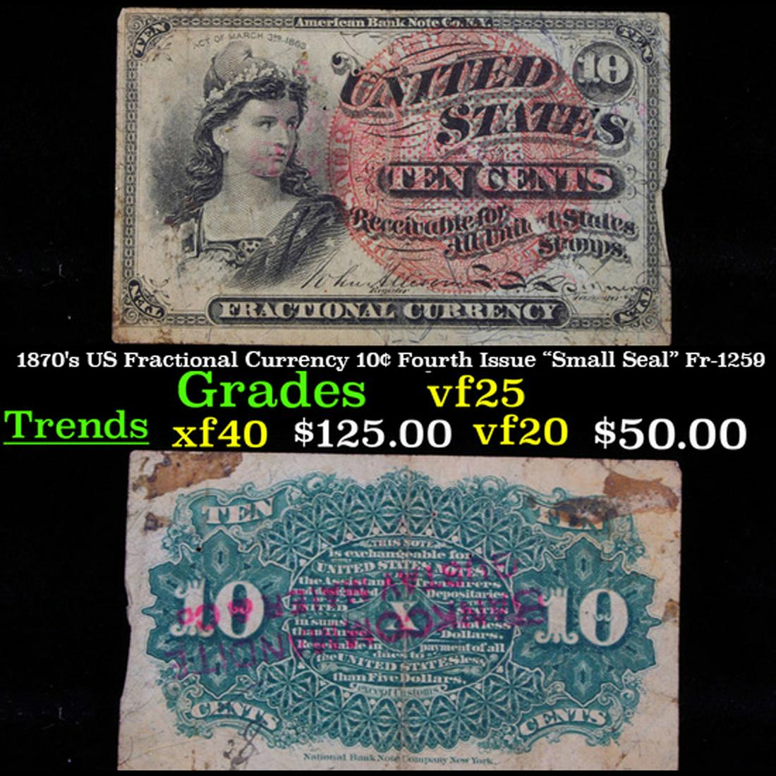 1870's US Fractional Currency 10Â¢ Fourth Issue: 1870's US Fractional Currency 10Â¢ Fourth Issue â€œSmall Seal” Fr-1259 vf+. Fractional or postage currency has a rich history. At the beginning of the Civil War people starting hoarding co