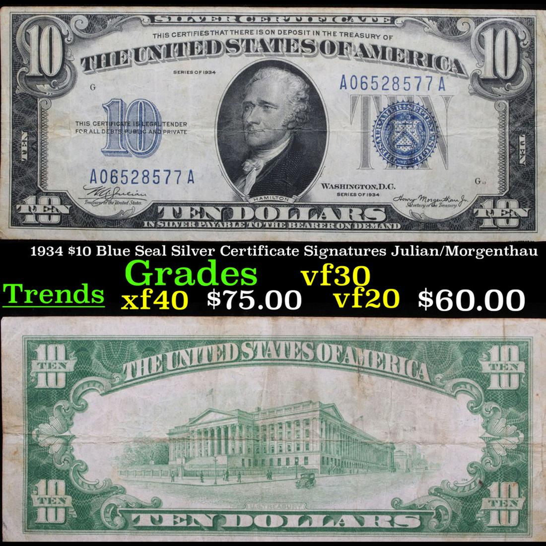 1934 $10 Blue Seal Silver Certificate Signatures (1 of 3)