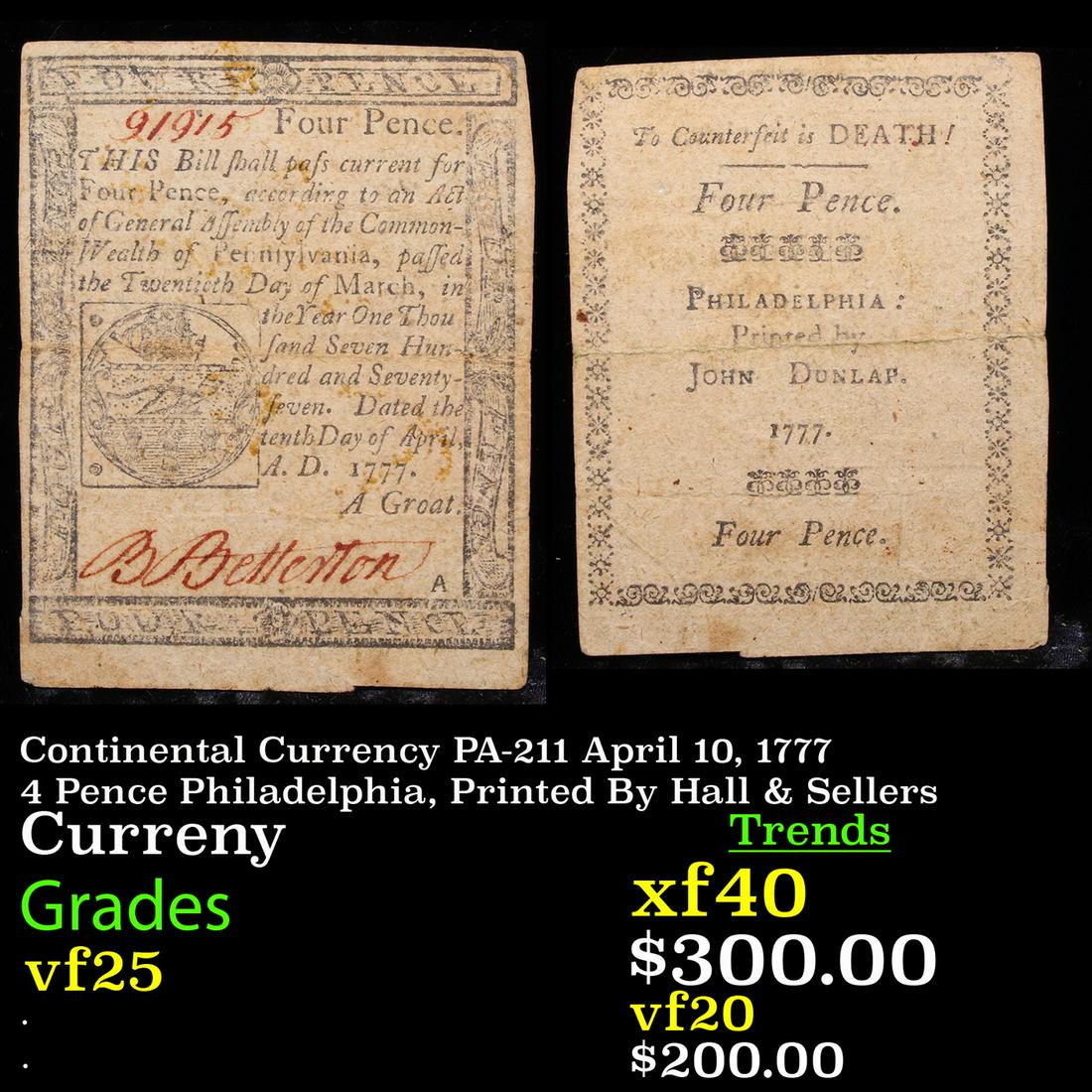 Continental Currency PA-211 April 10, 1777 4 Pence (1 of 3)