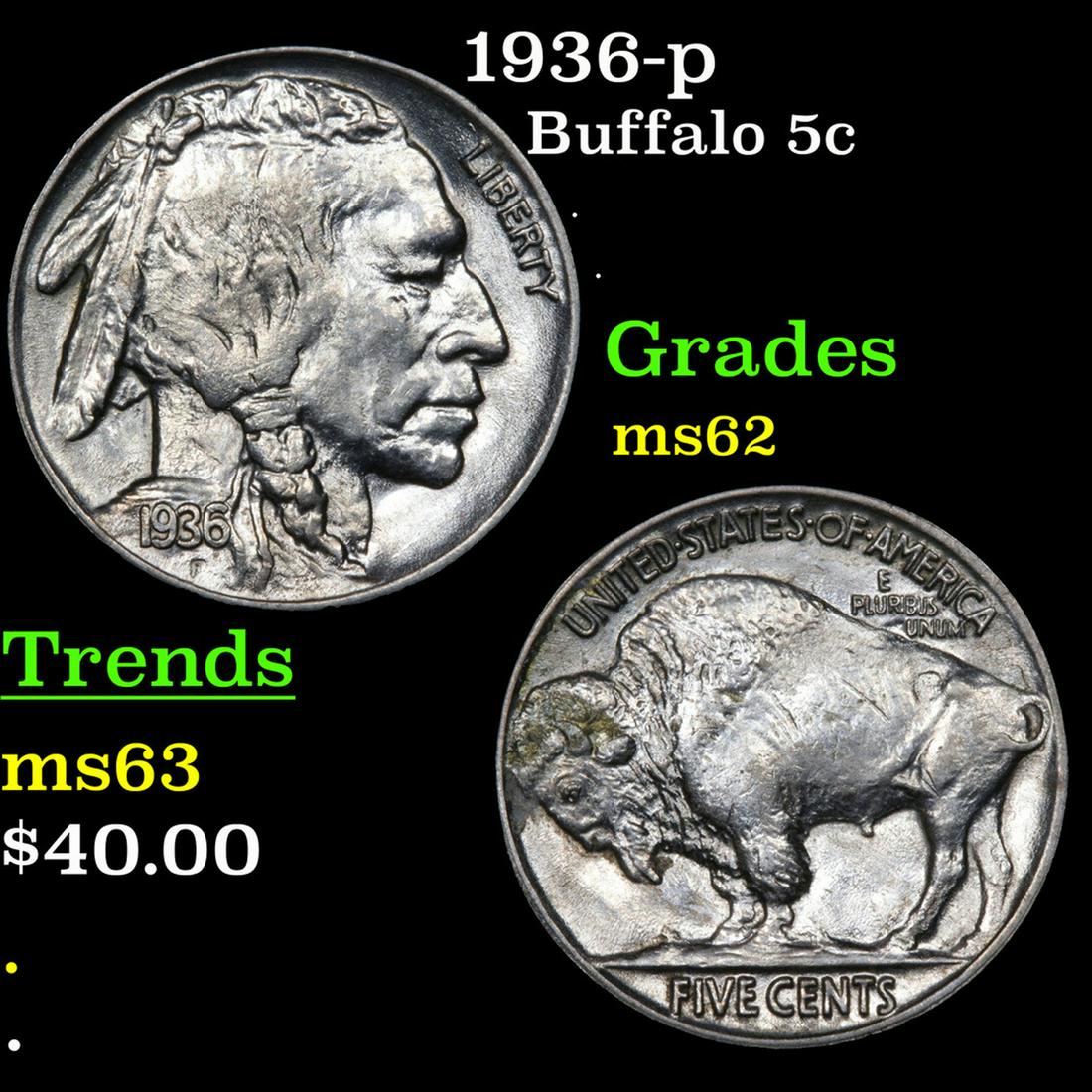 1936-p Buffalo Nickel 5c Grades Select Unc (1 of 3)