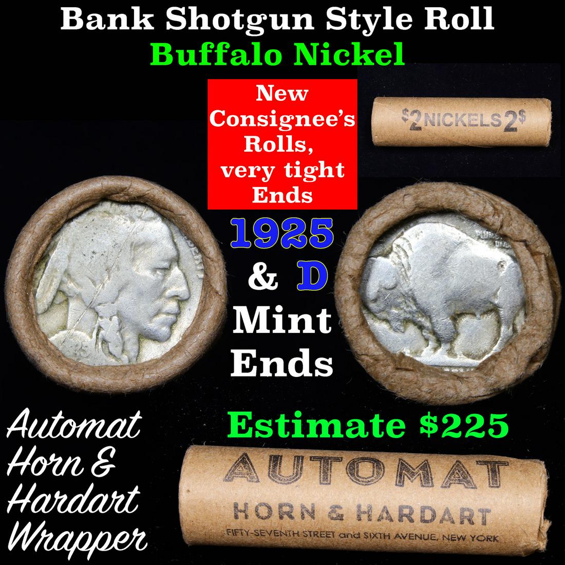 Buffalo Nickel Shotgun Roll in Old Bank Style 'Automat: Buffalo Nickel Shotgun Roll in Old Bank Style 'Automat Horn & Hardart' Wrapper 1925 & d Mint Ends Grades. The roll is held in an old, rare 'Automat Horn & Hardart' Bank style wrapper. They are all frr
