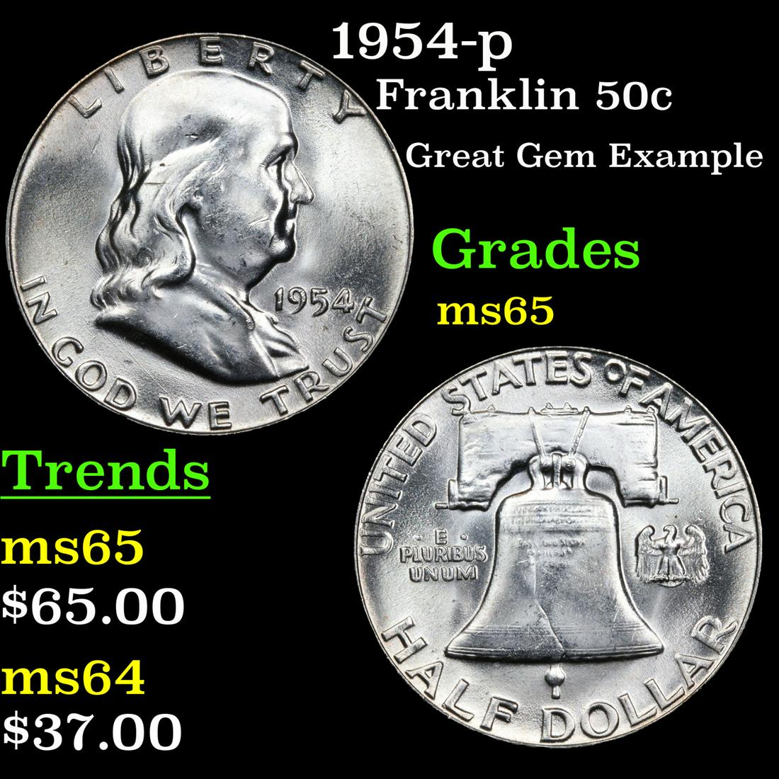 1954-p Franklin Half Dollar 50c Grades GEM Unc (1 of 3)