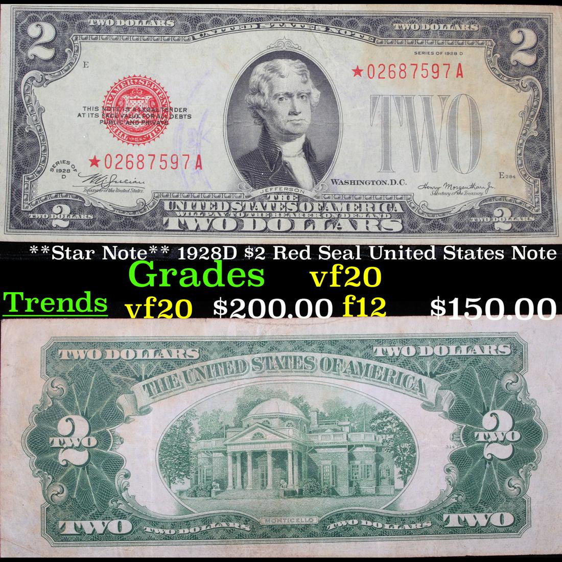 **Star Note** 1928D $2 Red Seal United States Note (1 of 3)