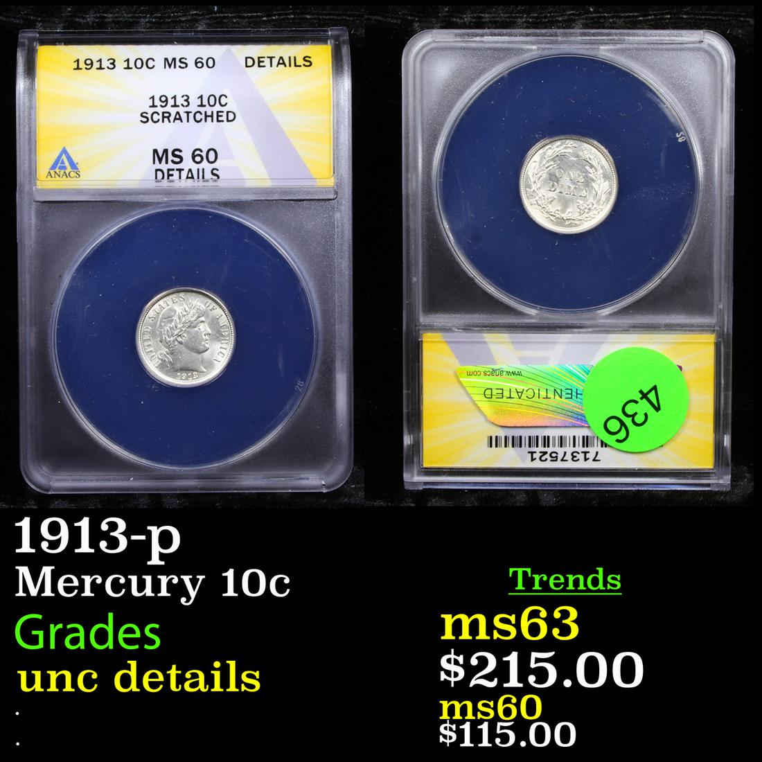 ANACS 1913-p Barber Dime 10c Graded unc details By (1 of 3)