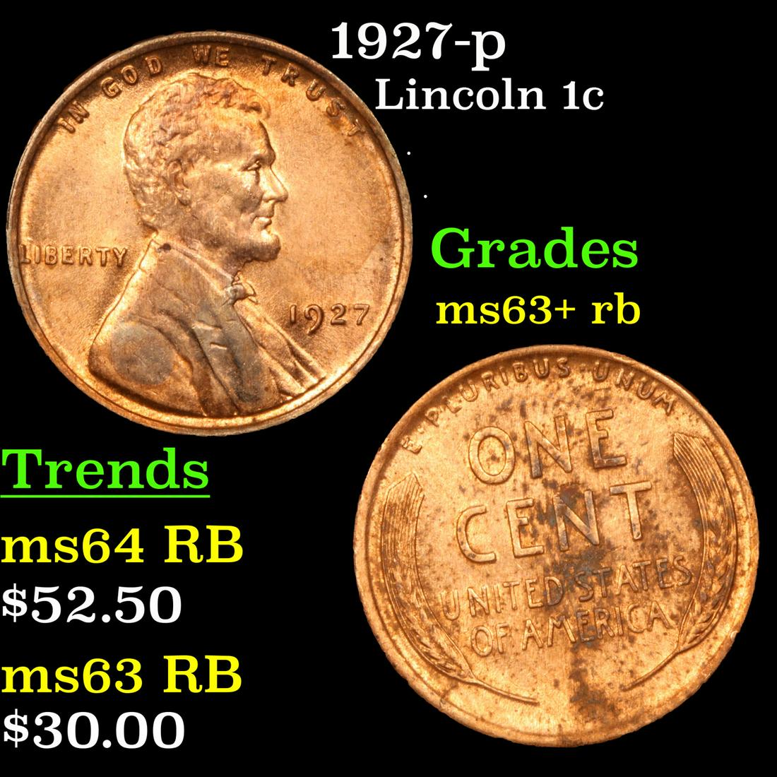 1927-p Lincoln Cent 1c Grades Select+ Unc RB (1 of 3)