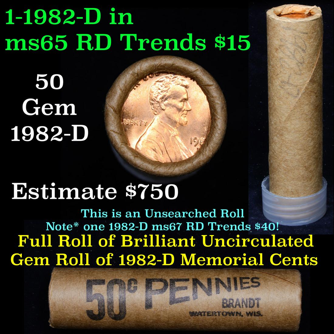 Shotgun Lincoln 1c roll, 1982-d 50 pcs Brandt Wrapper: Shotgun Lincoln 1c roll, 1982-d 50 pcs Brandt Wrapper Grades. A terrific Shotgun roll of Lincoln cents. All coins cherry red. Trends ms65 rd $7.50 Estimate $375