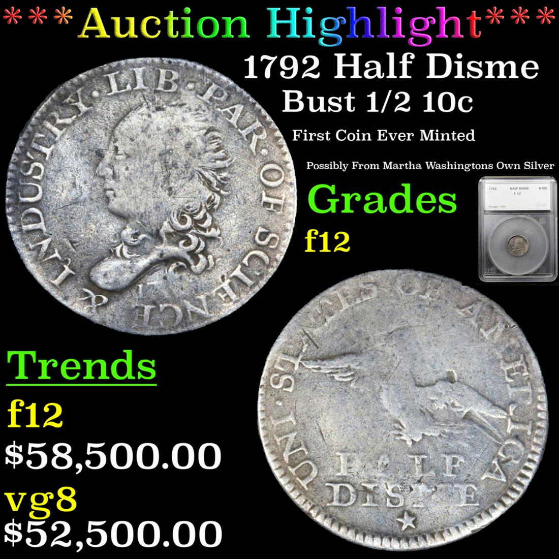 *HIGHLIGHT OF ENTIRE YEAR* 1792 Half Disme Bust H10C F (1 of 9)