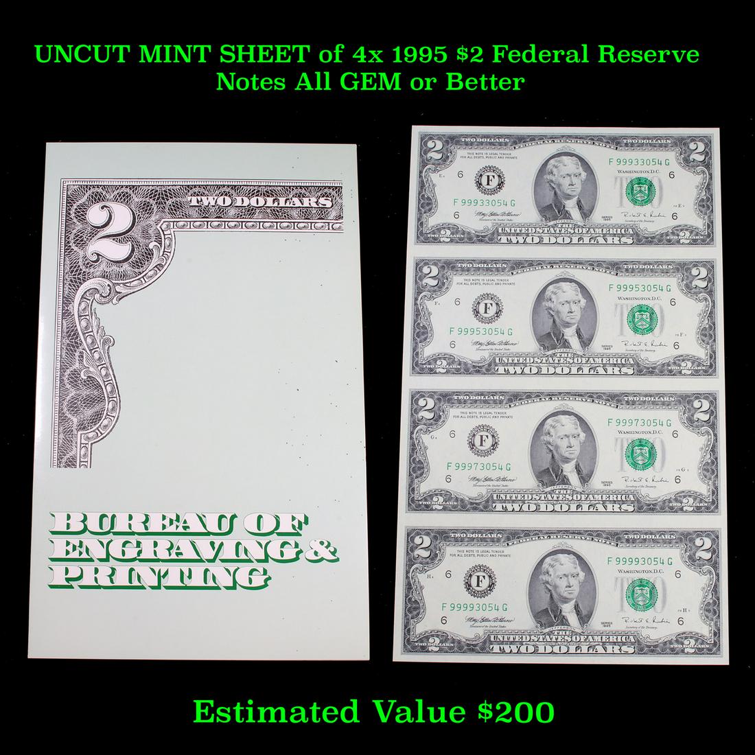 UNCUT MINT SHEET of 4x 1995 $2 Federal Reserve Notes (1 of 3)