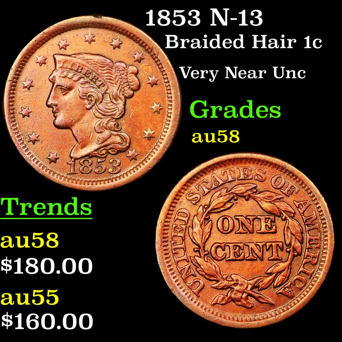 1853 N-13 Braided Hair 1c Grades Choice AU/BU Slider (1 of 3)