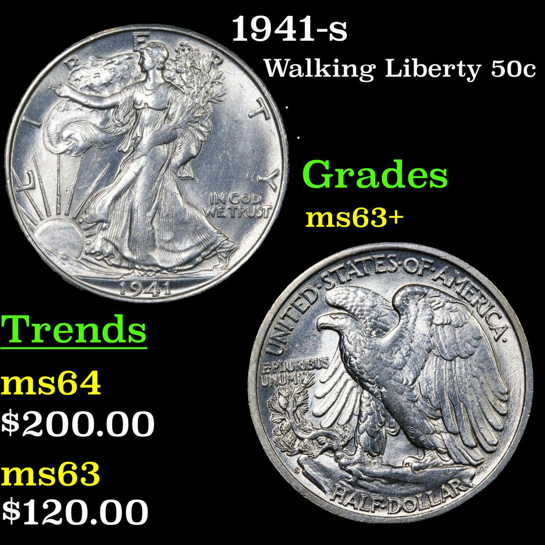 1941-s Walking Liberty 50c Grades Select+ Unc (1 of 3)