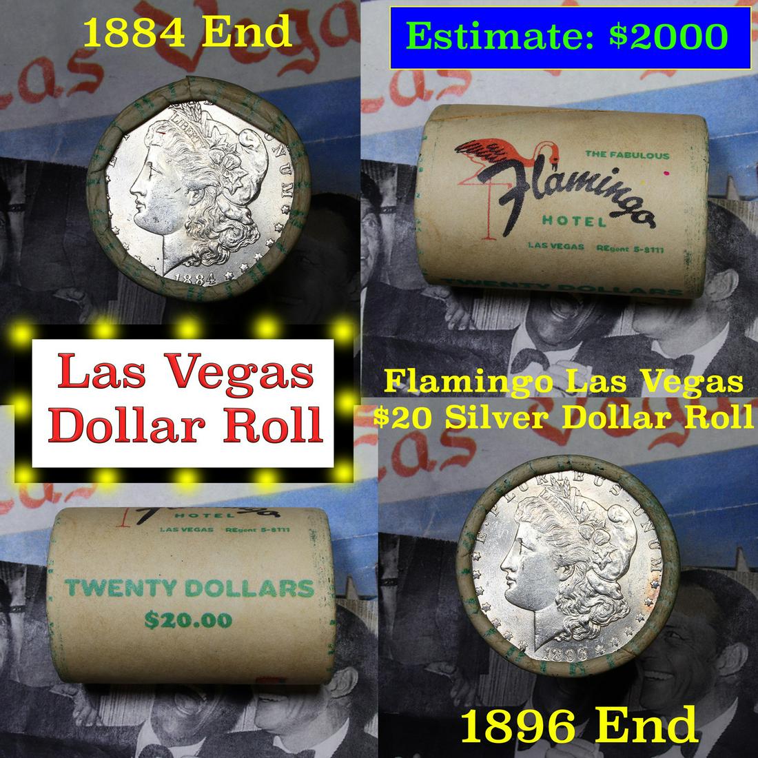 ***Auction Highlight*** Full Morgan/Peace Flamingo Hote: ***Auction Highlight*** Full Morgan/Peace Flamingo Hotel silver $1 roll $20, 1884 & 1896 end. This roll is held in an old casino wrapper from the Flamingo Hotel and Casino in Las Vegas. This roll cont