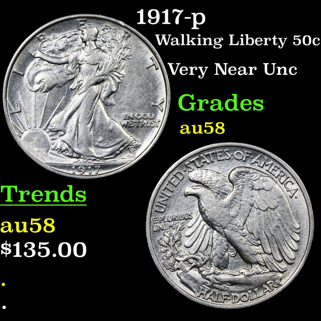 1917-p Walking Liberty 50c Grades Choice AU/BU Slider (1 of 3)