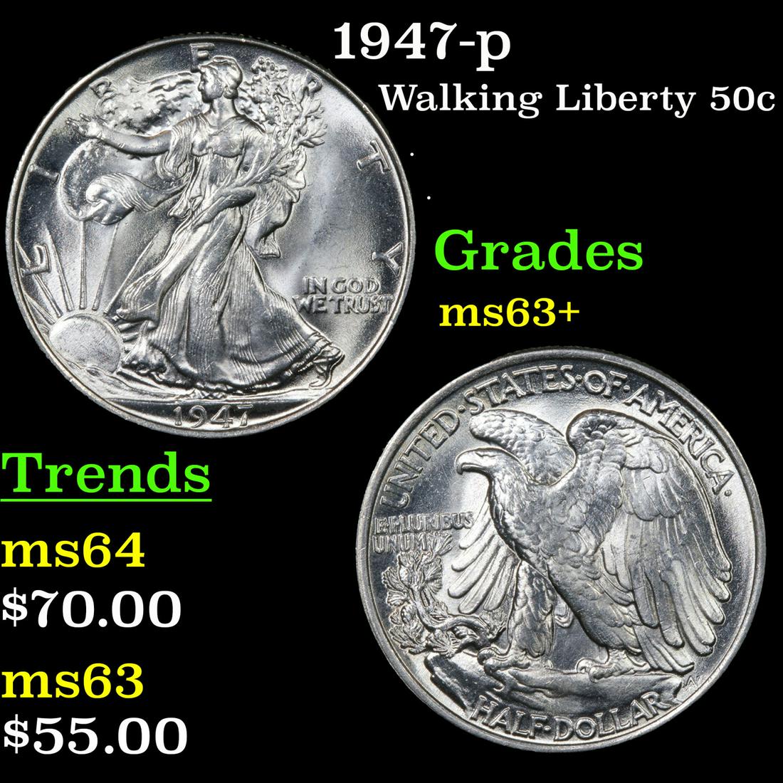 1947-p Walking Liberty 50c Grades Select+ Unc (1 of 3)