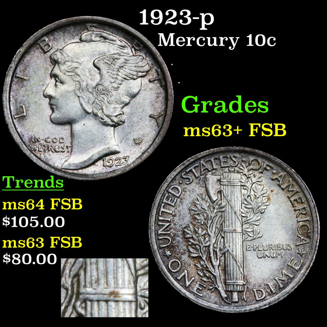 1923-p Mercury Dime 10c Grades Select Unc+ FSB (1 of 5)