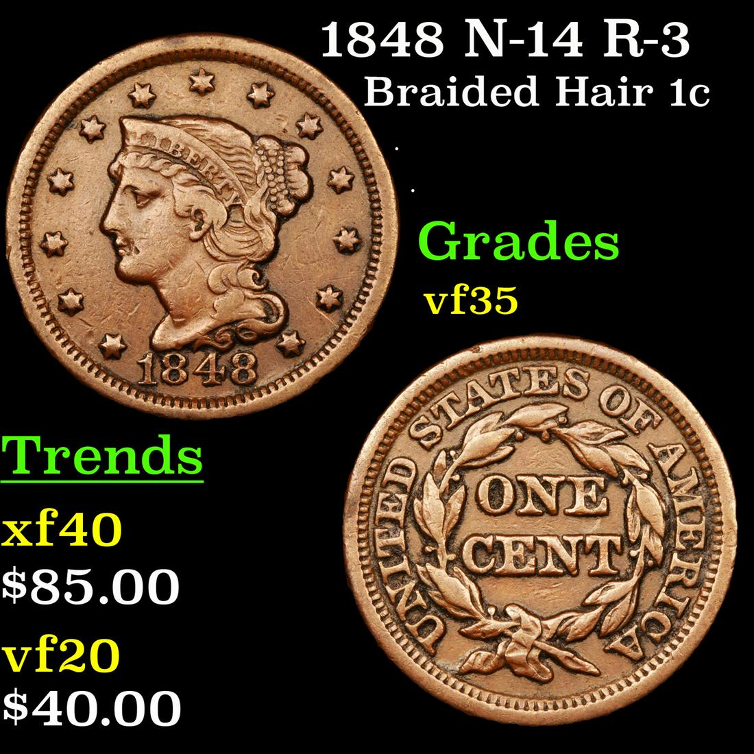 1848 N-14 R-3 Braided Hair Large Cent 1c Grades vf++ (1 of 3)