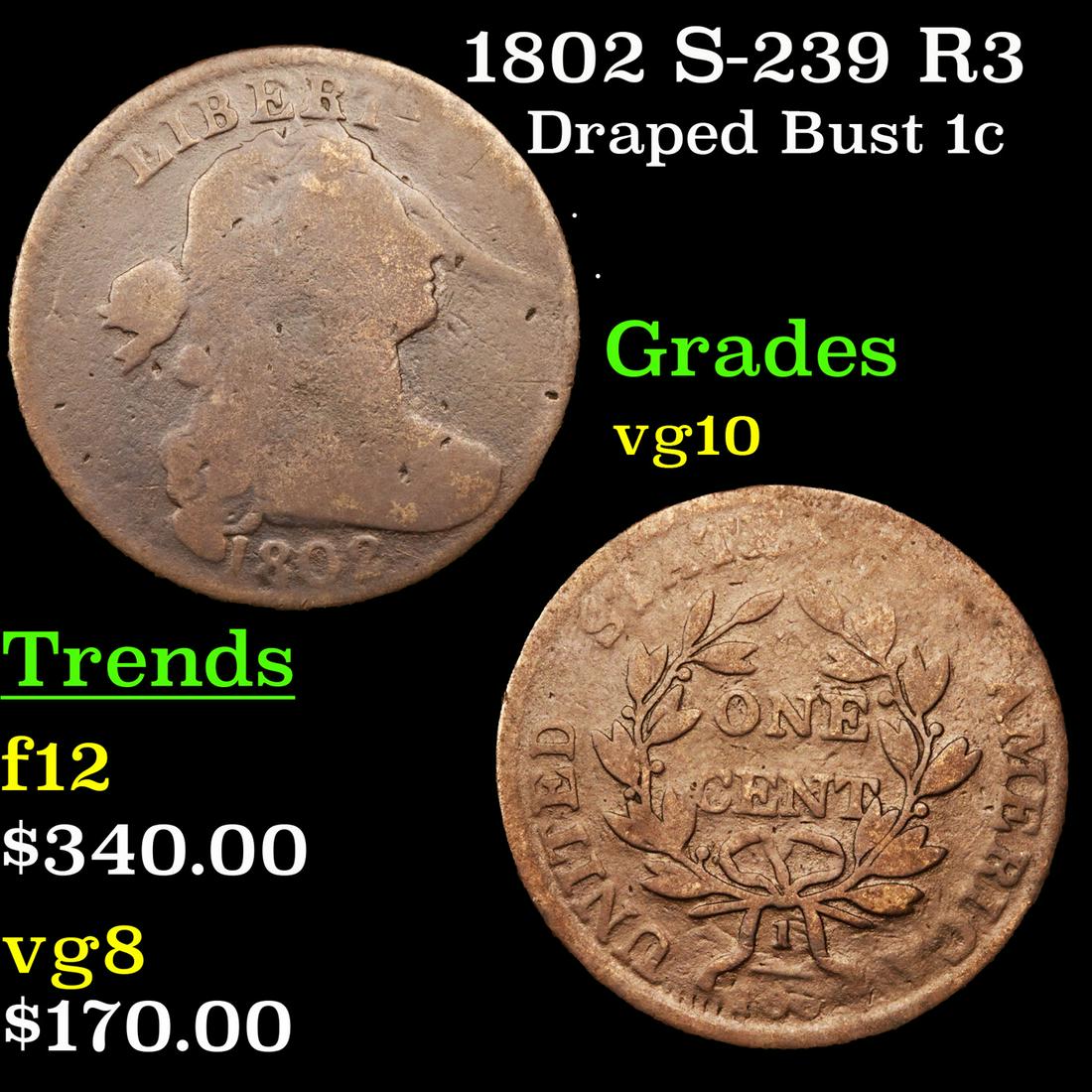 1802 S-239 R3 Draped Bust Large Cent 1c Grades vg+ (1 of 3)