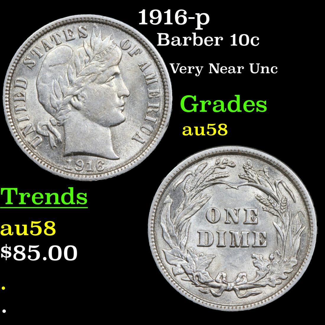 1916-p Barber Dime 10c Grades Choice AU/BU Slider (1 of 3)