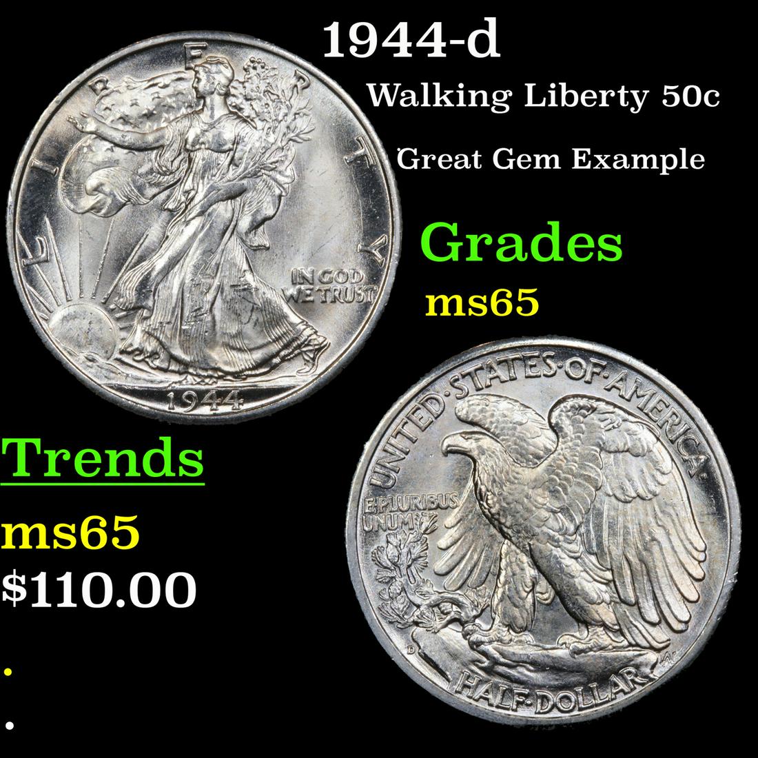 1944-d Walking Liberty Half Dollar 50c Grades GEM Unc (1 of 3)