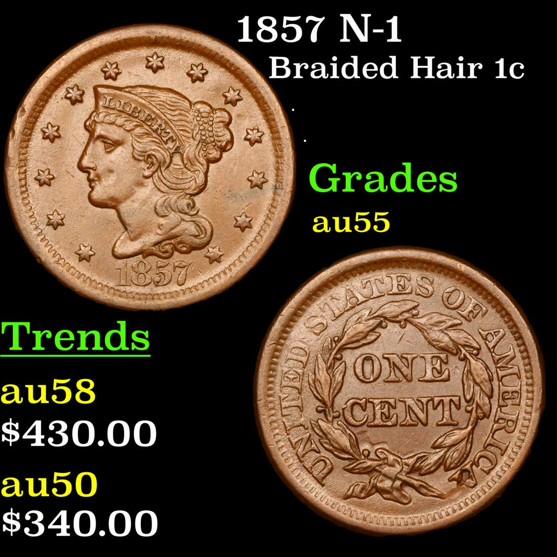 1857 N-1 Braided Hair Large Cent 1c Grades Choice AU (1 of 3)