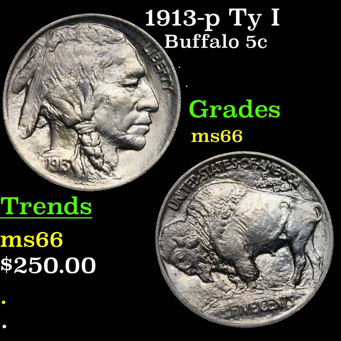1913-p Ty I Buffalo Nickel 5c Grades GEM+ Unc (1 of 3)