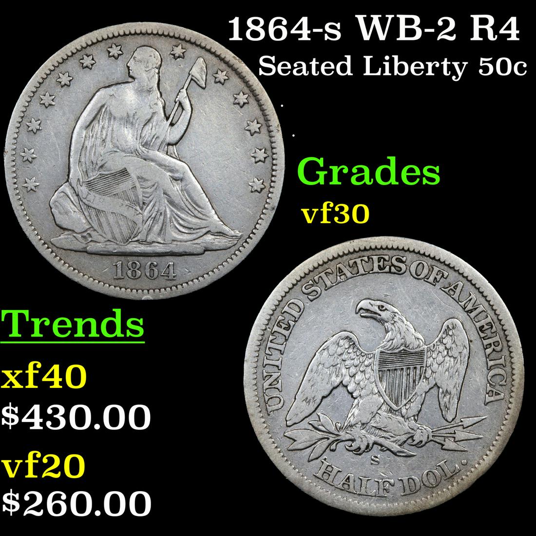 1864-s WB-2 R4 Seated Half Dollar 50c Grades vf++ (1 of 3)