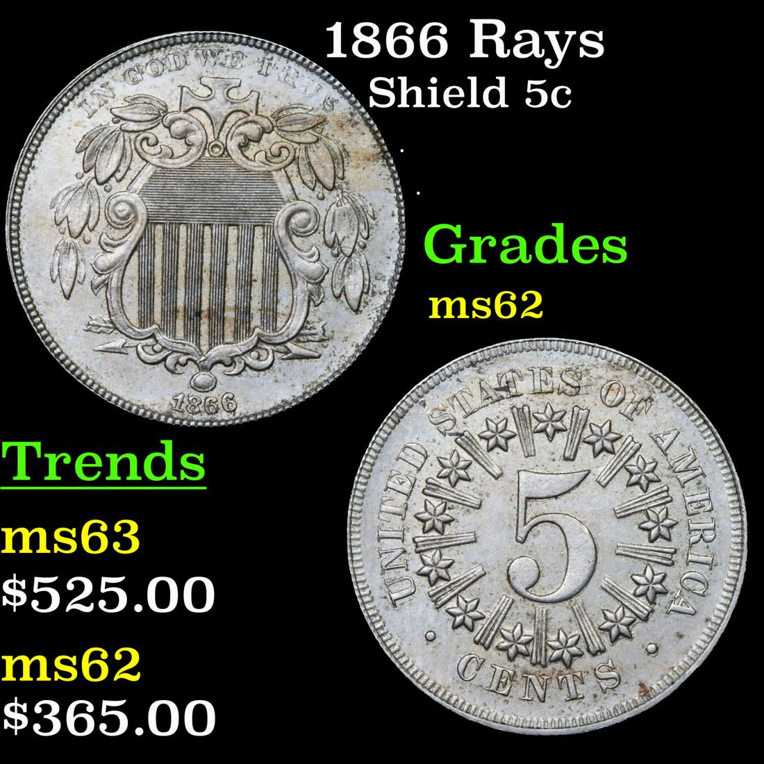 1866 Rays Shield Nickel 5c Grades Select Unc (1 of 3)