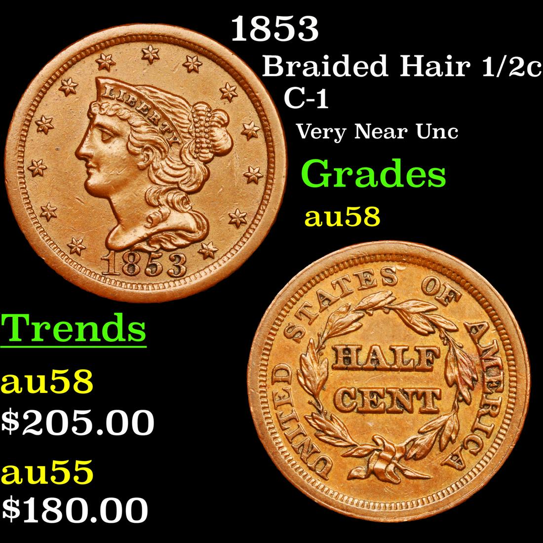 1853 Braided Hair Half Cent 1/2c Grades Choice AU/BU (1 of 3)
