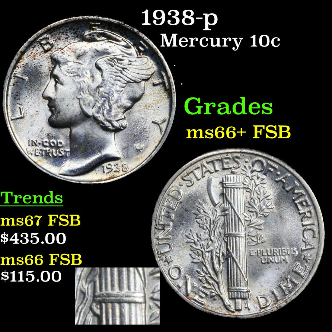 1938-p Mercury Dime 10c Grades GEM++ FSB (1 of 5)