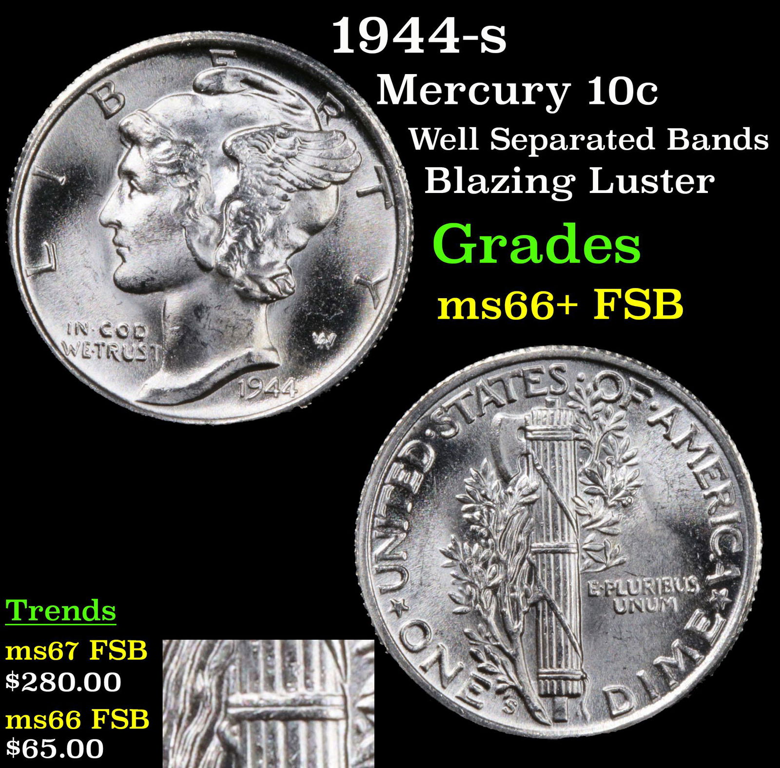 1944-s Mercury Dime 10c Grades GEM++ FSB (1 of 5)