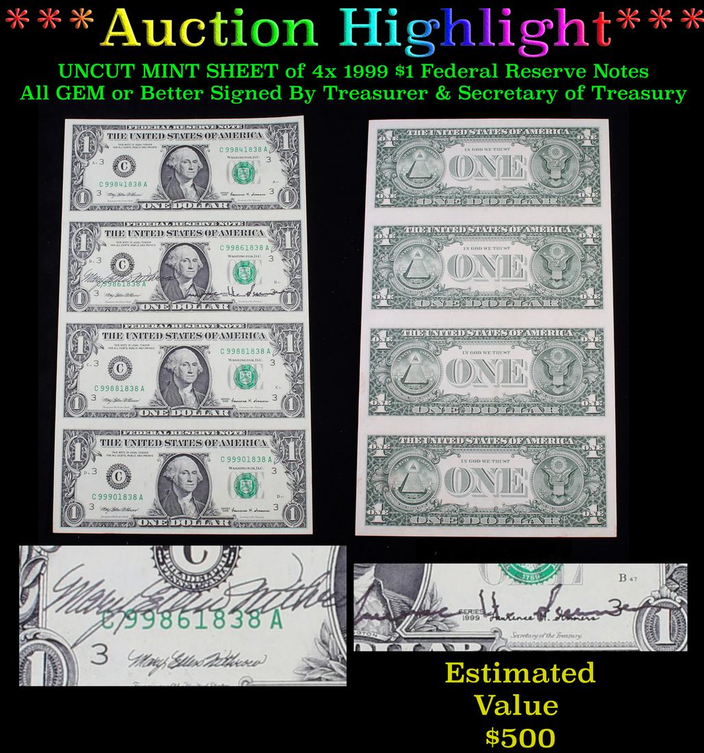 ***Auction Highlight***  UNCUT MINT SHEET of 4x 1999 $1 (1 of 3)
