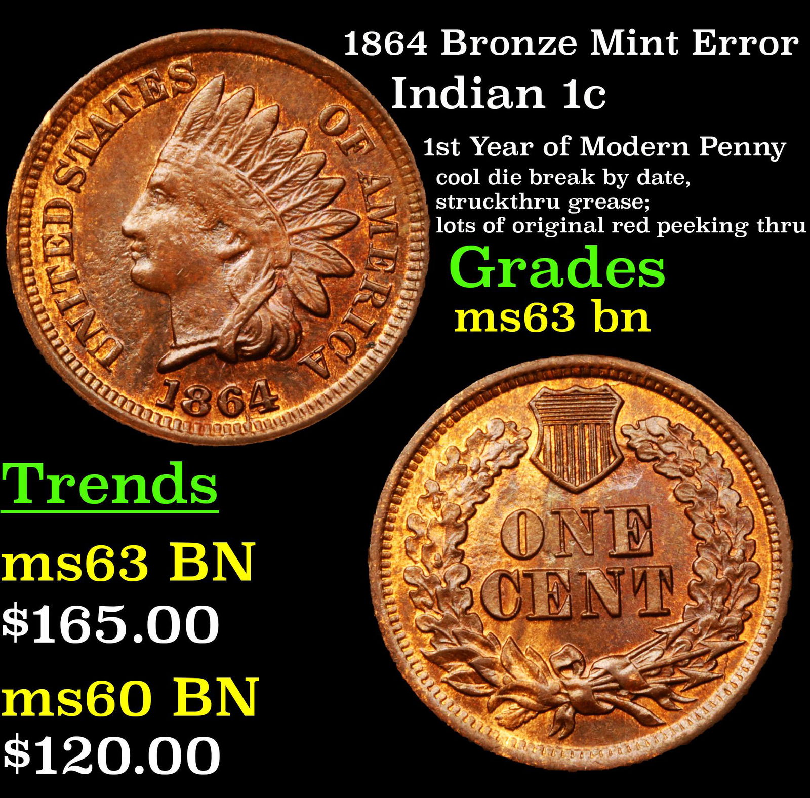 1864 Bronze Mint Error Indian Cent 1c Grades Select Unc (1 of 3)